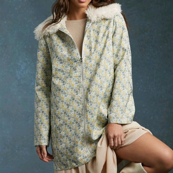 Brocade Faux Fur Longline Jacket - Picture 1 of 4